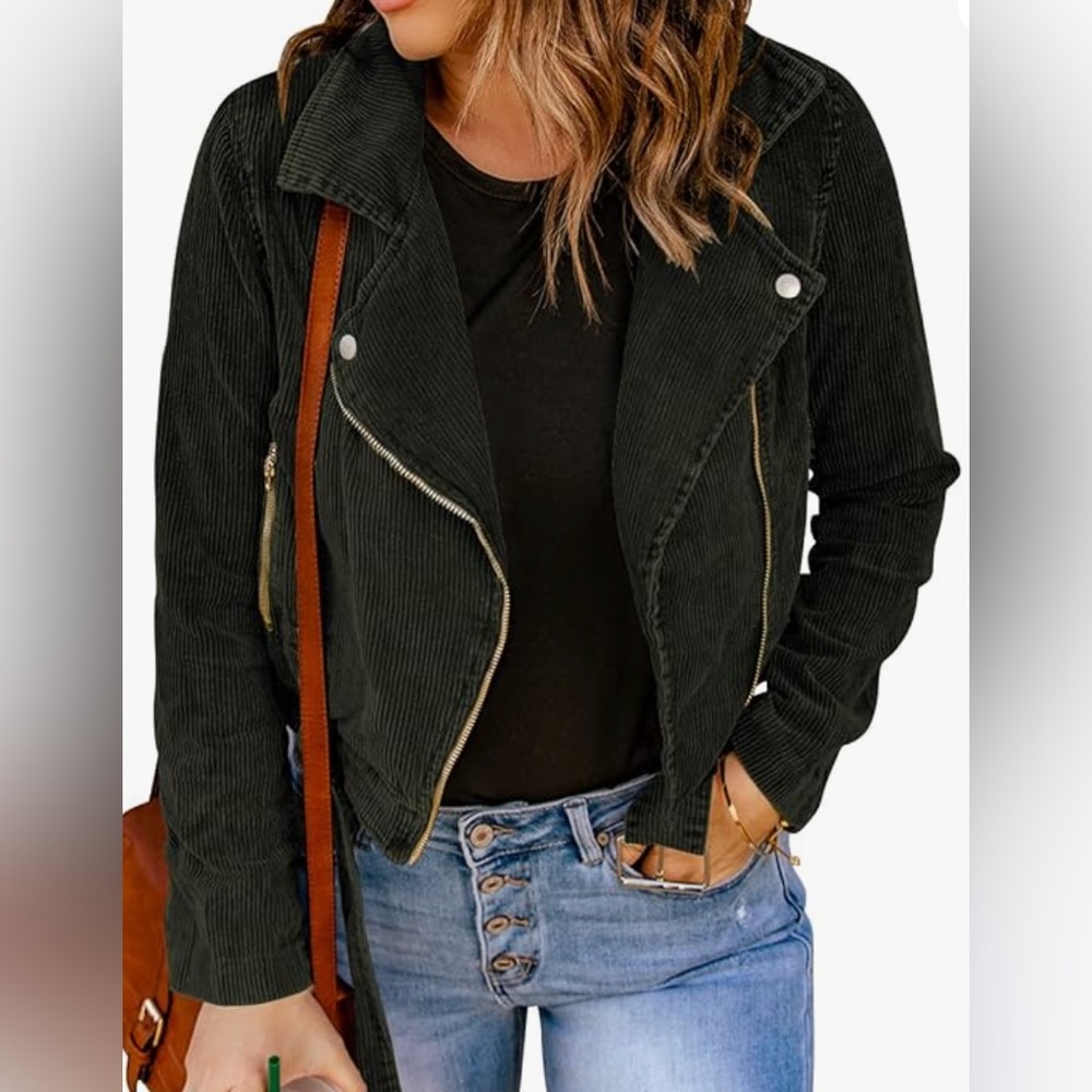 Corduroy Crop Jacket with Belt, Forest Green, Size M